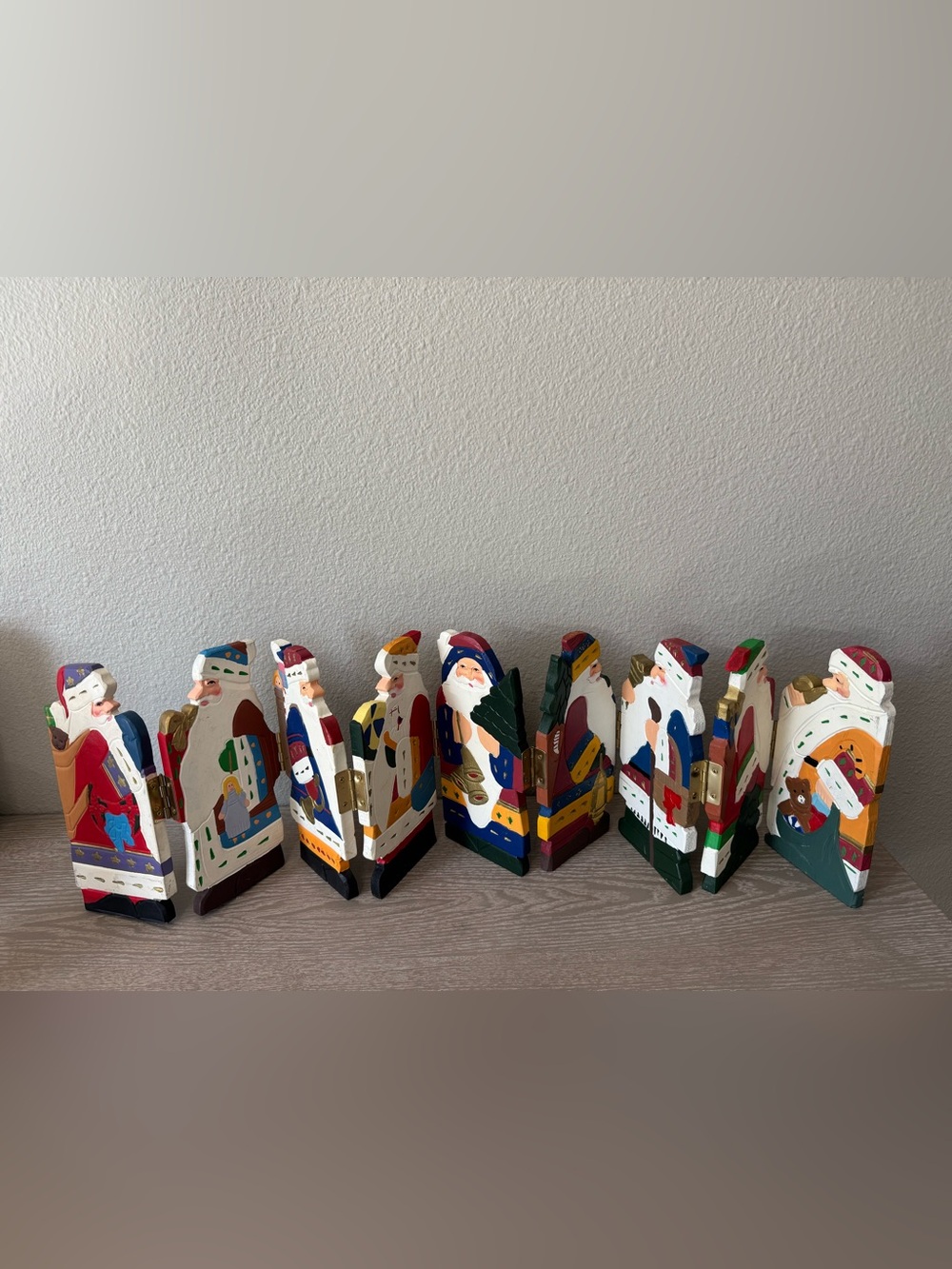 Vintage Christmas 9-Santas Folding Hinged Wooden Screen